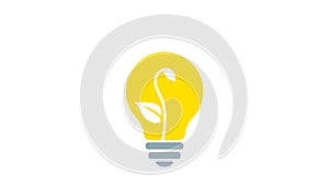 Yellow lamp bulb, turns on and off, plant sprout with leaves growing inside, Simple flat pictogram. Earth care, innovation,