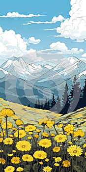 Yellow Landscape With Mountains And Snow: Detailed Comic Book Art