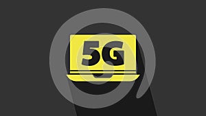 Yellow Laptop with 5G new wireless internet wifi icon isolated on grey background. Global network high speed connection