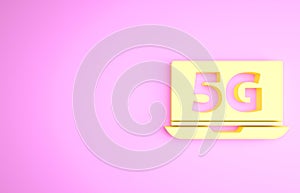 Yellow Laptop with 5G new wireless internet wifi icon isolated on pink background. Global network high speed connection