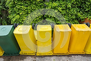 Yellow Large Trash Box on the floor at Wat Borom Raja Kanjanapisek Wat Leng Nei Yee 2 Temple.