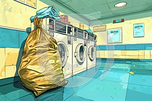 Yellow laundry bag beside multiple washing machines in a self-service laundromat