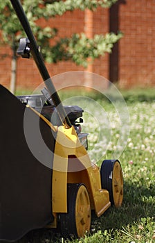Yellow lawn mower on green grass