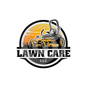 yellow lawn mower with sky background isolated logo vector