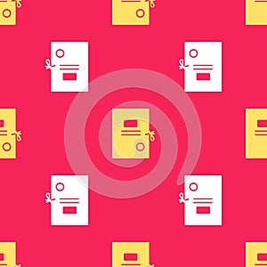 Yellow Lawsuit paper icon isolated seamless pattern on red background. Vector Illustration