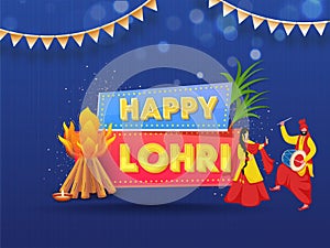 Yellow Layered Happy Lohri Text With Festival Element, Punjabi Couple Doing Bhangra And Dhol Instrument On Blue Lines Pattern