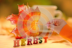 yellow leaf in female hand, tea, coffee in mug on the table in garden, colored letter words, concept of happy Thanksgiving,