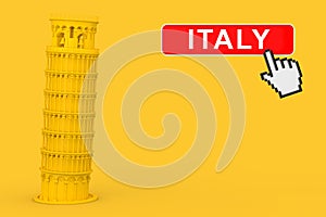 Yellow Leaning Pisa Tower with Italy Button and Pixel Icon Hand. 3d Rendering