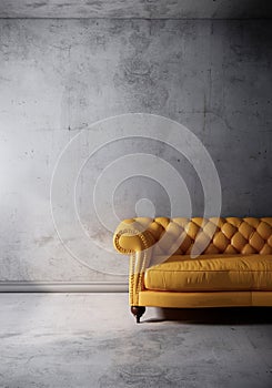 Yellow leather sofa on the lofe wall. room interior design with gray wall and wooden floor