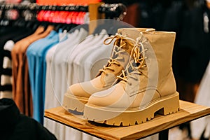 yellow leather unisex boots on shelf display in shop mall store. Store Of Shopping Center. retail sale