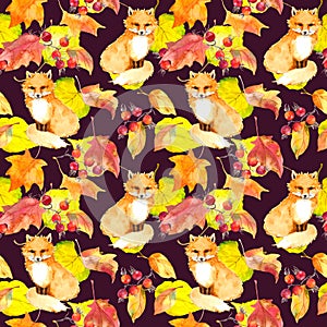 Yellow leaves, berries, fox animal. Repeating autumn pattern. Watercolor