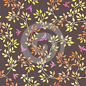 Yellow leaves, cute birds. Watercolor autumn seamless pattern, naive style