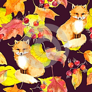 Yellow leaves, fox animal. Repeating autumn pattern. Vintage watercolor