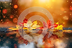 Yellow leaves in a puddle on bokeh background with text and design space