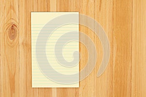 Yellow legal notepad paper with lines on pine wood desk