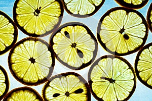 Yellow lemon on a blue background. Texture of sliced lemon. Silhouette of lobster slices