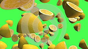 Yellow lemon citrus 3D, two element video transitions isolated on a green screen, footage 4K