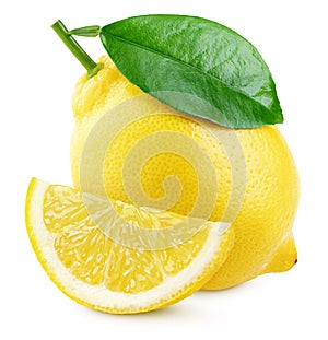 Yellow lemon citrus fruit with leaf and slice