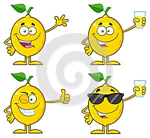 Yellow Lemon Fresh Fruit With Green Leaf Cartoon Mascot Character 1. Set Collection
