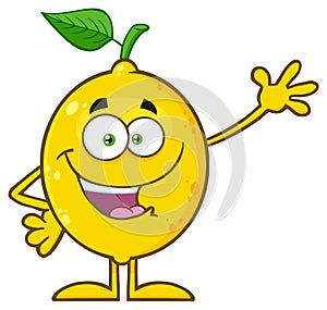 Yellow Lemon Fresh Fruit With Green Leaf Cartoon Mascot Character Waving .
