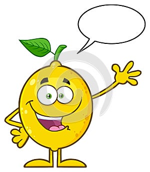 Yellow Lemon Fresh Fruit With Green Leaf Cartoon Mascot Character Waving With Speech Bubble