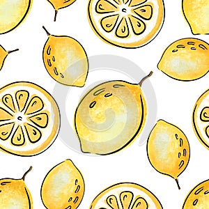 Yellow lemon fruit seamless pattern, summer background