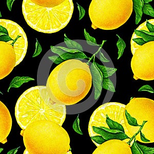Yellow lemon fruits on a branch with green leaves on a black background. Watercolor drawing seamless pattern for textile print