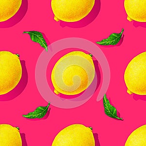 Yellow lemon fruits with green leaves isolated on pink background. Watercolor drawing seamless pattern for design