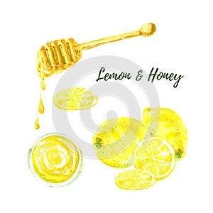 Yellow lemon, honey cup top view and and liquid honey dripping from the honey dipper watercolor illustration isolated on
