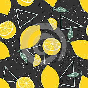 Yellow lemon seamless pattern with triangles on black background. Vector illustration.