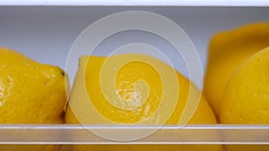 Yellow lemons keeping freshness in fridge. Citrus fruits for food preparing. Fresh yellow lemons in icebox. Copy space