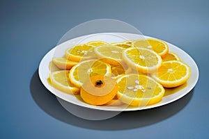 yellow lemons on a plate on a sunny day photo