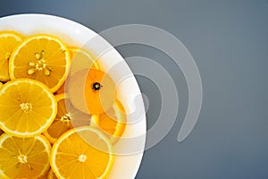 yellow lemons on a plate on a sunny day photo