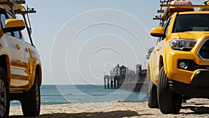 Yellow lifeguard car, ocean beach California USA. Rescue pick up truck, lifesavers vehicle.