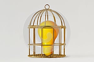 Yellow light bulb in bird cage on white background - Concept of mind and freedom