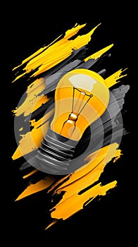 A yellow light bulb on a black background