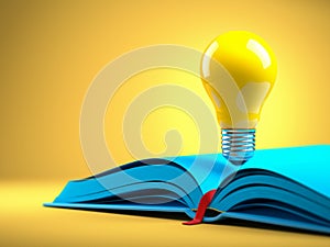 Yellow light bulb on the blue open book. Idean and creativity concept background