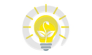 Yellow light bulb, flat icon. Electric lamp with rays and sprout growing inside, outline simple pictogram. Vector graphic design
