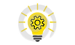 Yellow light bulb, flat icon. Lighting electric lamp with cogwheel gear inside and rays, simple pictogram. Vector graphic design
