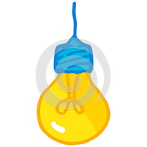 yellow light bulb icon. A hand-drawn cartoon-style insulated element of a bright round-shaped light bulb with a blue