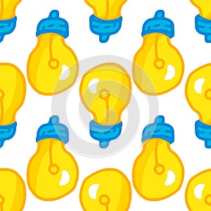 yellow light bulb icon. Hand-drawn cartoon-style isolated element of a bright round-shaped light bulb with a blue base