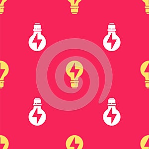 Yellow Light bulb with lightning symbol icon isolated seamless pattern on red background. Light lamp sign. Idea symbol