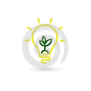 Yellow Light Bulb line icon vector with green plant inside, isolated on white background. Idea sign, solution, thinking, growing