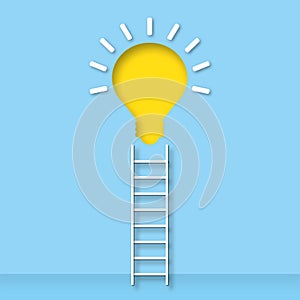 Yellow light bulb with stair on pastel blue wall background. Ideas inspiration concepts of business finance or goal to success.