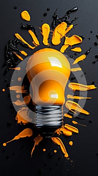 A yellow light bulb surrounded by orange paint splatters on a black background