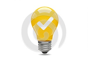 Yellow light bulb with a white check mark isolated on white background