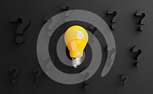 Yellow lightbulb on black question mark and black background for creative thinking idea and solution problem solving concept by 3d