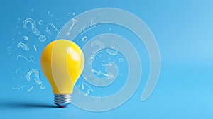 The yellow lightbulb illuminating ideas with question marks and creativity. AI generated image