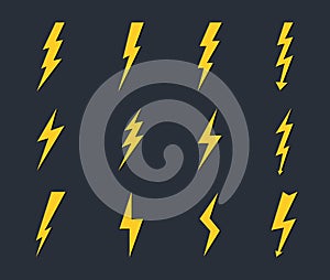 Yellow lightning bolt icon. Vector flash thunderbolt on dark backround. Symbol of electric power. Cartoon danger sign. Electricity