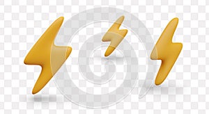 Yellow lightning in cartoon style. Set of isolated vector icons, object at different angles